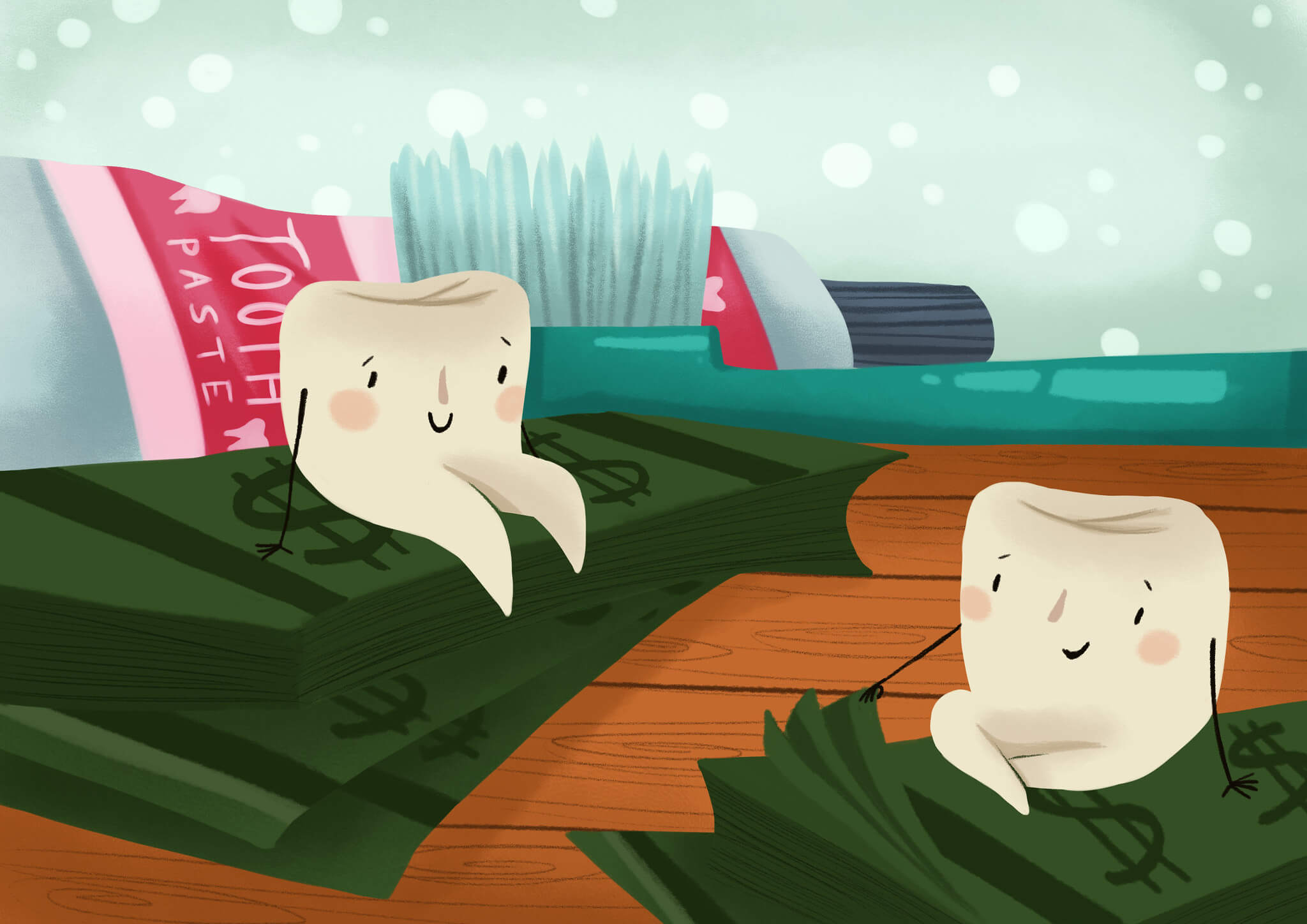 cartoon teeth sitting on money